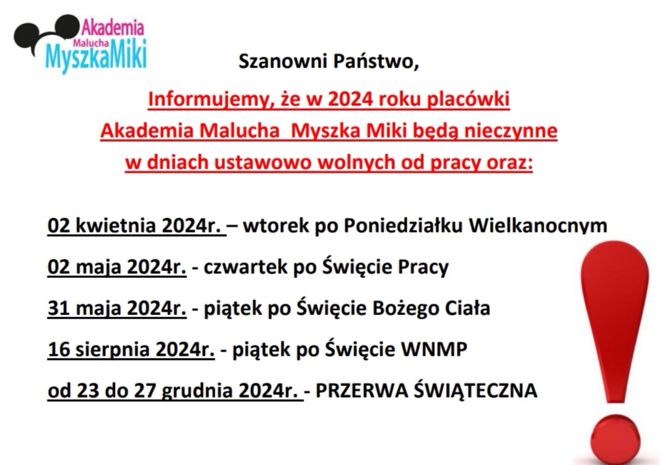 Dni wolne 2024 rok Akademia Malucha Myszka Miki